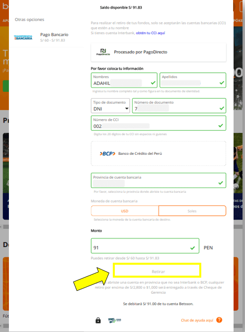Retiro de dinero por transferencia bancaria
